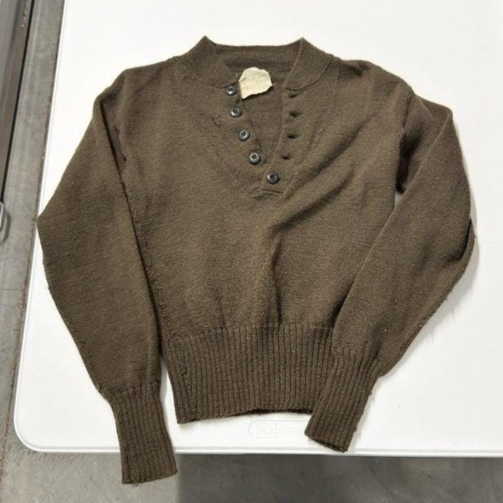 Vintage US Military Wool 5 Button Henley Sweater Olive Drab Brown Medium 38-40